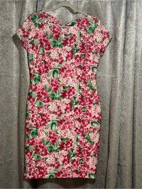 Tommy Hilfiger Vibrant Pink Floral Midi Scuba Jersey Sheath Dress Green Leaves